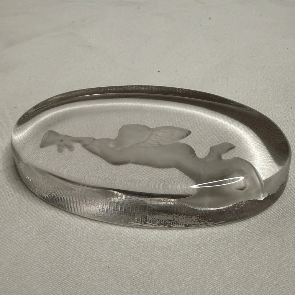Y2K Smithsonian-Imperial Glass Angel Gabriel Oval Paperweight Cherub Hand Cooler